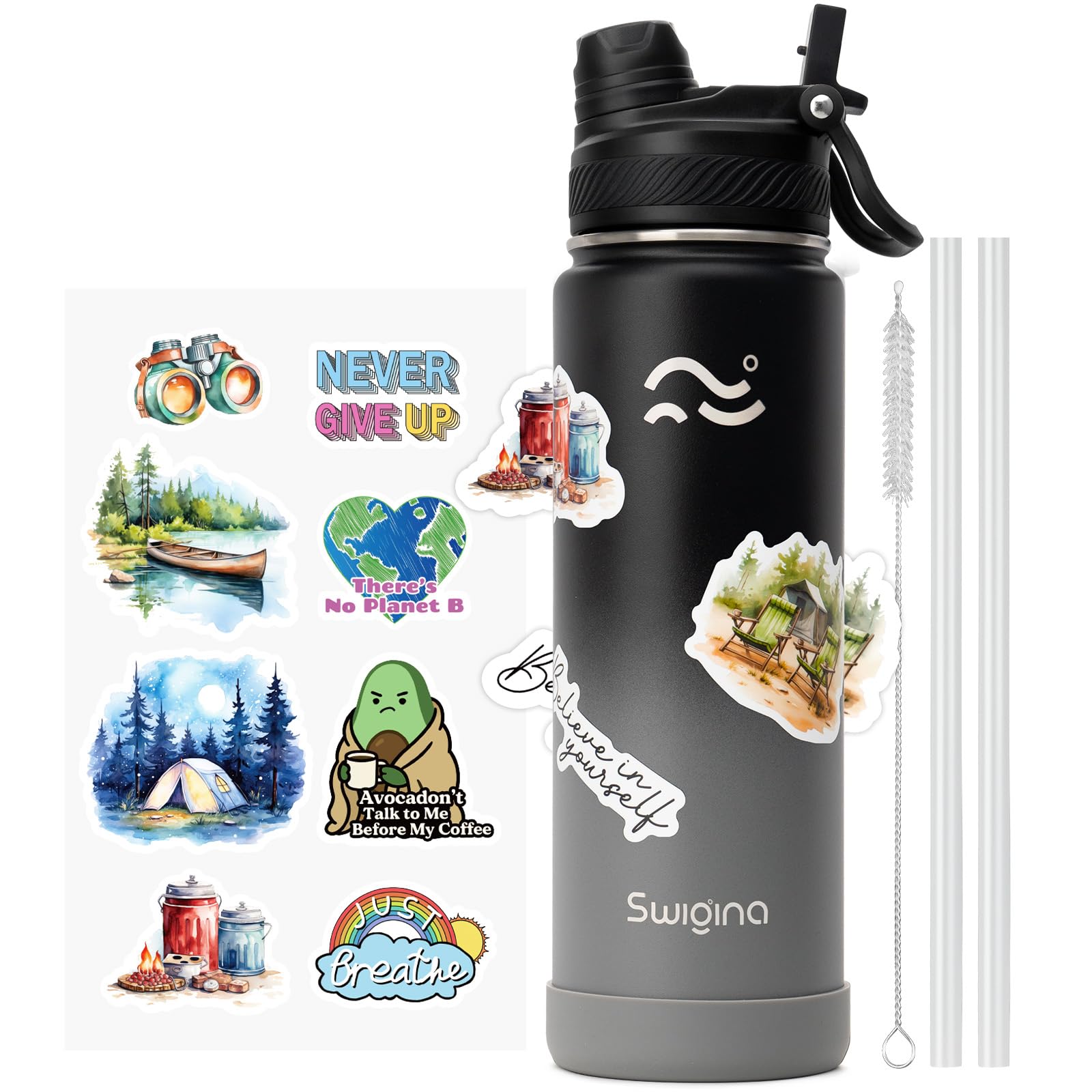 [2-IN-1 LID] Insulated Water Bottle with Silicone Boot (36hrs Cold/18hrs Hot) - DIY Stickers, Leakproof, BPA Free, 24 oz