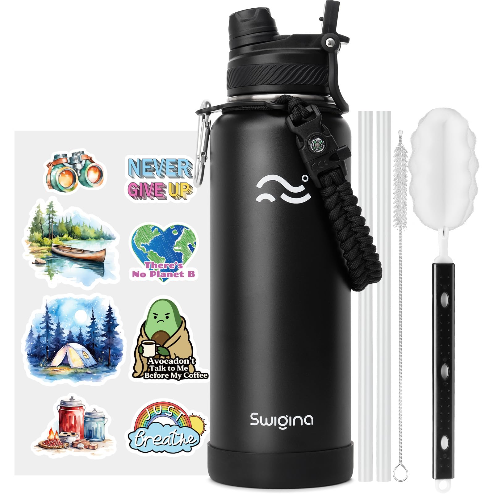 [2-IN-1 LID] Insulated Water Bottle with Silicone Boot (36hrs Cold/18hrs Hot) - DIY Stickers, Leakproof, BPA Free, 24 oz