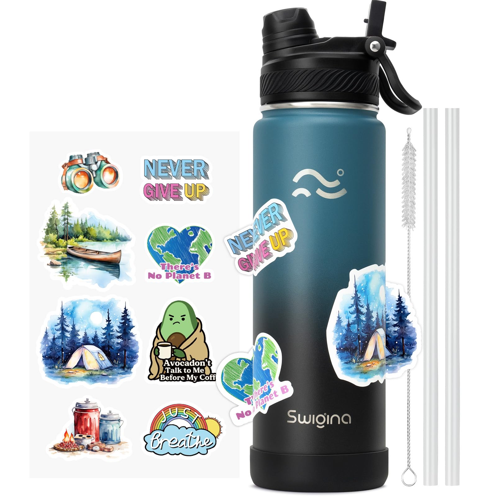 [2-IN-1 LID] Insulated Water Bottle with Silicone Boot (36hrs Cold/18hrs Hot) - DIY Stickers, Leakproof, BPA Free, 24 oz