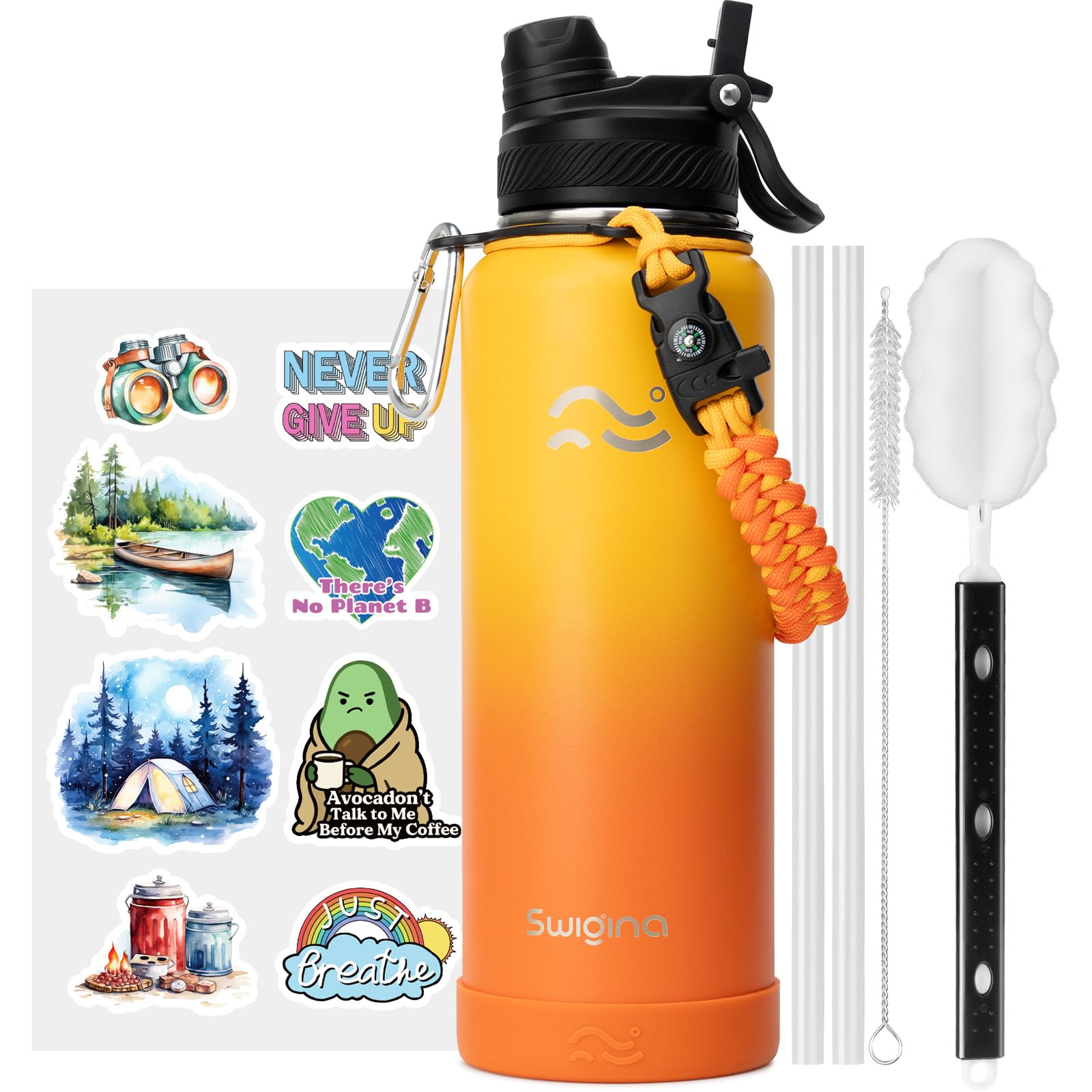 [2-IN-1 LID] Insulated Water Bottle with Silicone Boot (36hrs Cold/18hrs Hot) - DIY Stickers, Leakproof, BPA Free, 24 oz