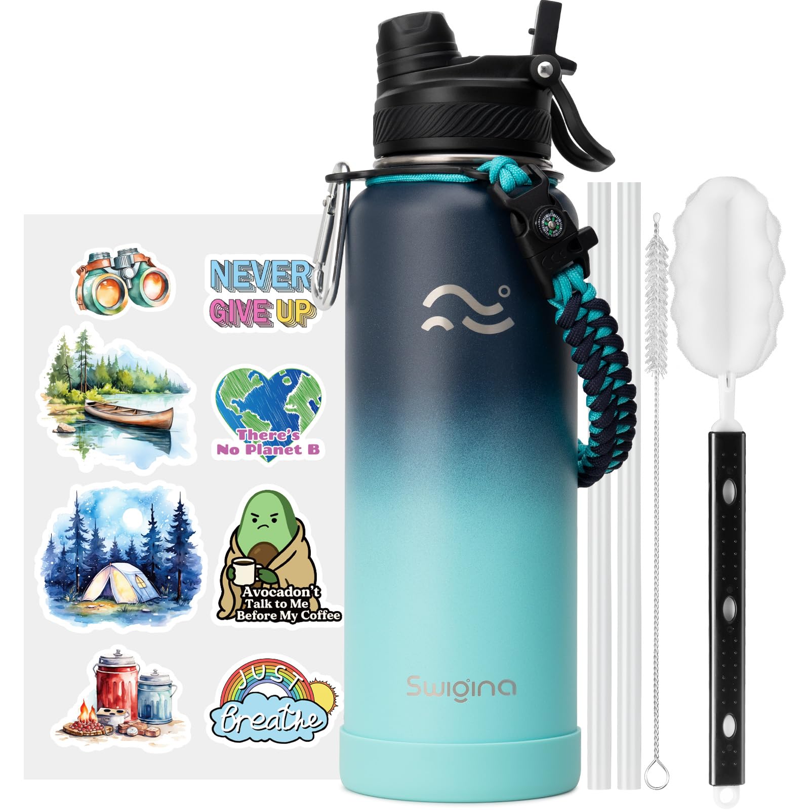 [2-IN-1 LID] Insulated Water Bottle with Silicone Boot (36hrs Cold/18hrs Hot) - DIY Stickers, Leakproof, BPA Free, 24 oz