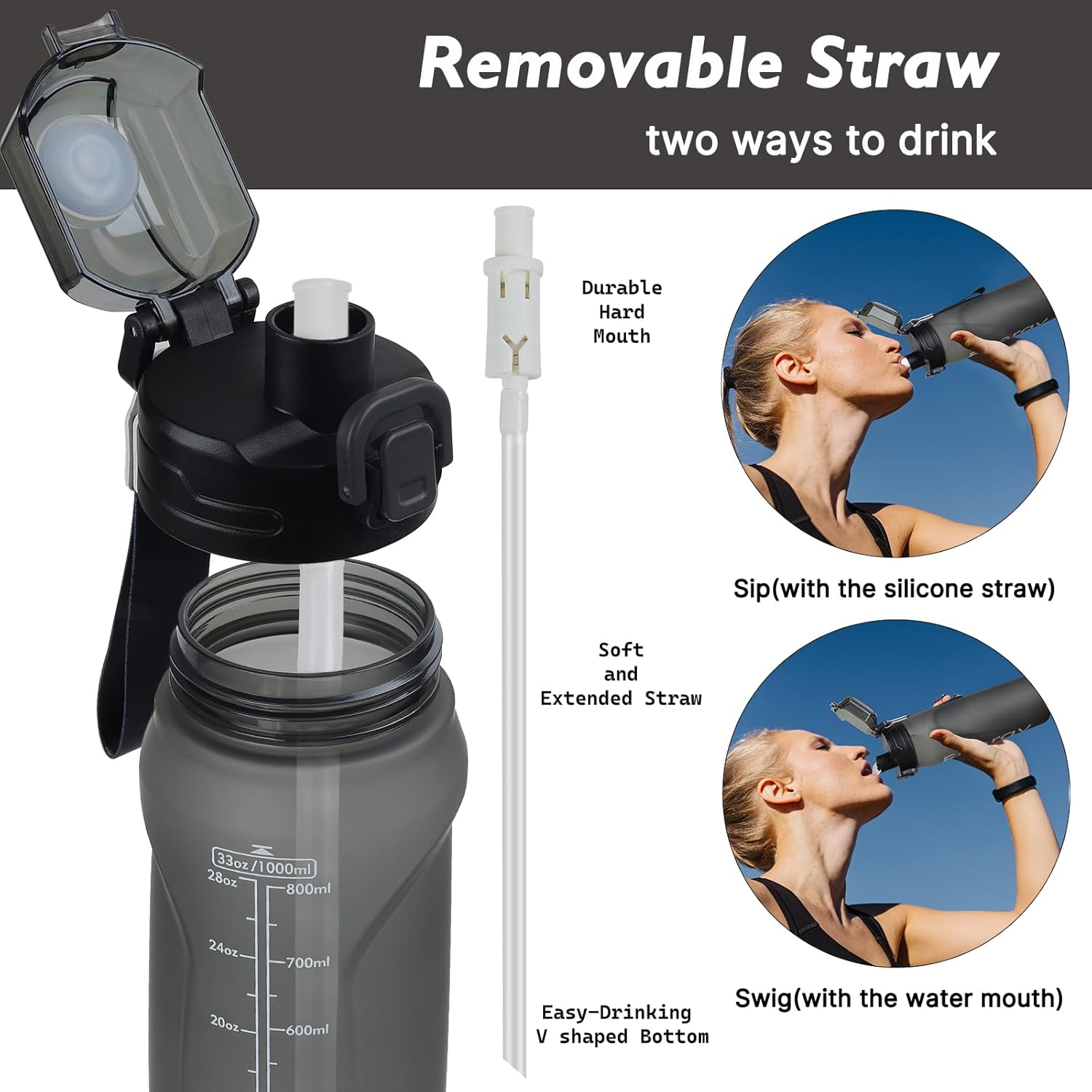 32oz Sports Water Bottle with Detachable Straw (Sip & Chug), Motivational Water Bottle with Capacity Marker, Leakproof Drinking Water Bottle with Strap for Travel Fitness Gym Outdoor (Black)