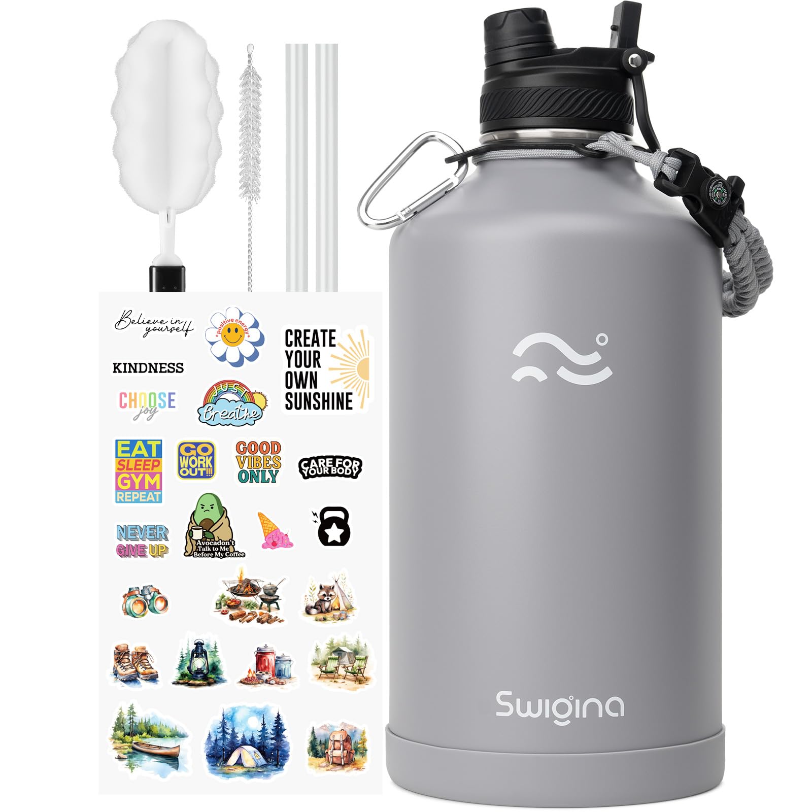 [2-IN-1 LID] Insulated Water Bottle with Silicone Boot (36hrs Cold/18hrs Hot) - DIY Stickers, Leakproof, BPA Free, 24 oz