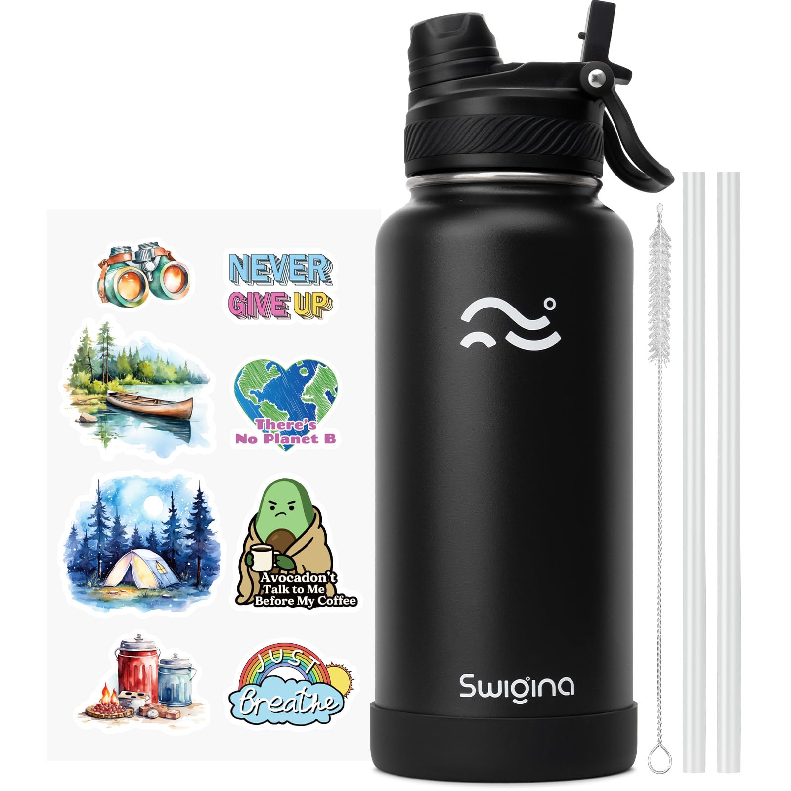 [2-IN-1 LID] Insulated Water Bottle with Silicone Boot (36hrs Cold/18hrs Hot) - DIY Stickers, Leakproof, BPA Free, 24 oz