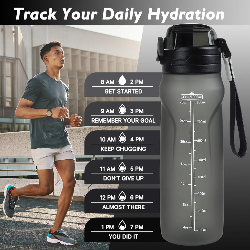 32oz Sports Water Bottle with Detachable Straw (Sip & Chug), Motivational Water Bottle with Capacity Marker, Leakproof Drinking Water Bottle with Strap for Travel Fitness Gym Outdoor (Black)
