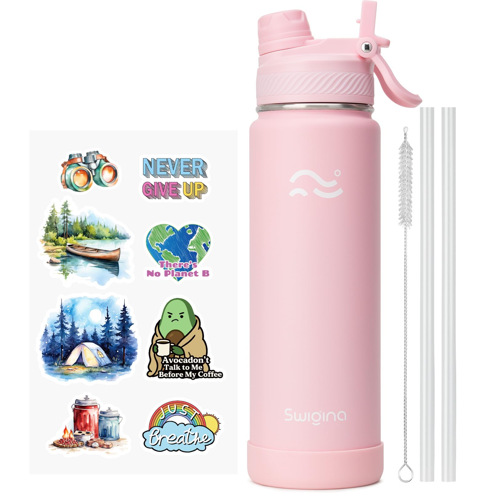 [2-IN-1 LID] Insulated Water Bottle with Silicone Boot (36hrs Cold/18hrs Hot) - DIY Stickers, Leakproof, BPA Free, 24 oz