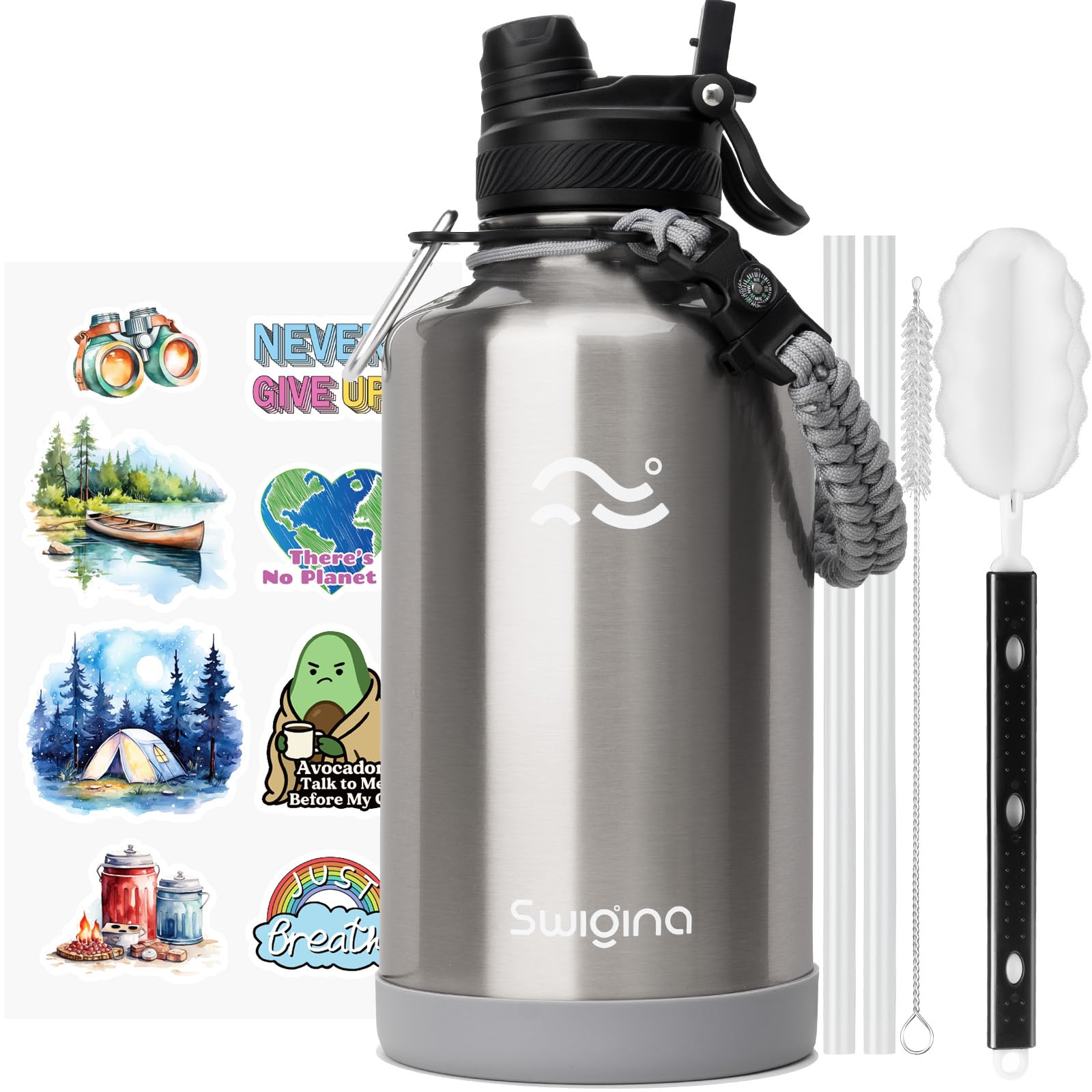 [2-IN-1 LID] Insulated Water Bottle with Silicone Boot (36hrs Cold/18hrs Hot) - DIY Stickers, Leakproof, BPA Free, 24 oz