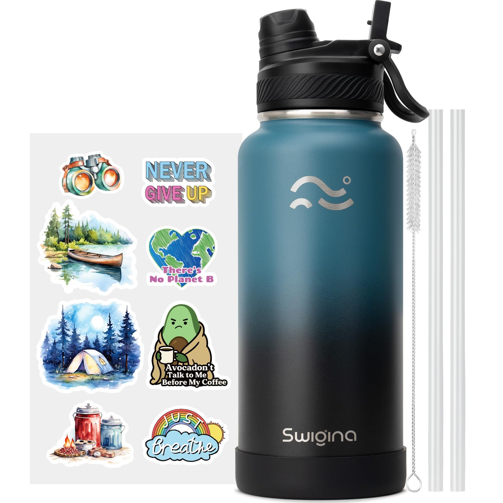[2-IN-1 LID] Insulated Water Bottle with Silicone Boot (36hrs Cold/18hrs Hot) - DIY Stickers, Leakproof, BPA Free, 24 oz