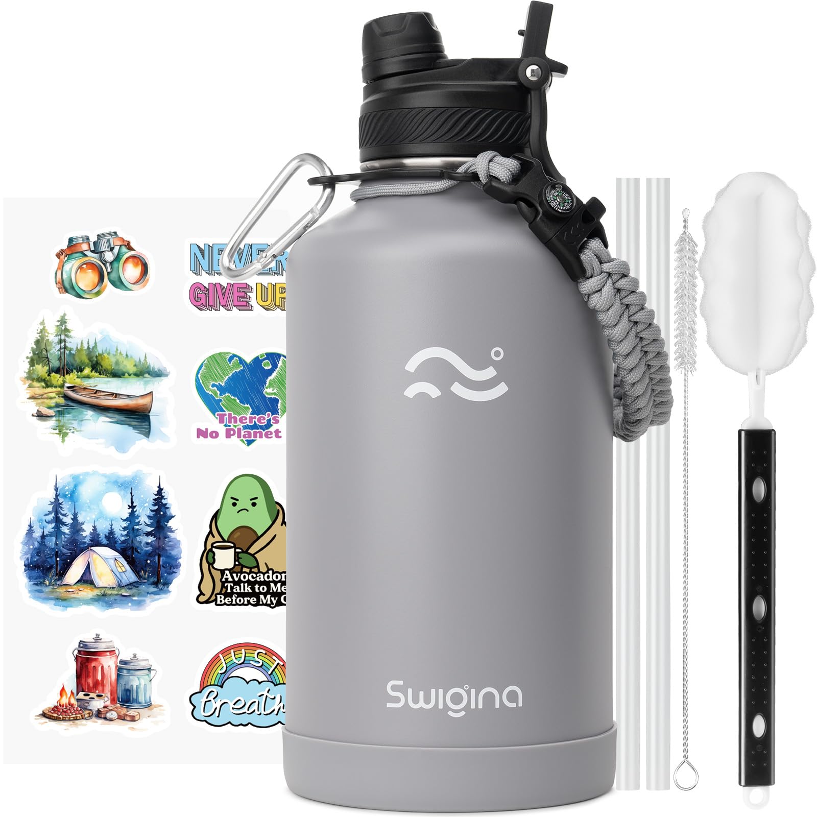 [2-IN-1 LID] Insulated Water Bottle with Silicone Boot (36hrs Cold/18hrs Hot) - DIY Stickers, Leakproof, BPA Free, 24 oz