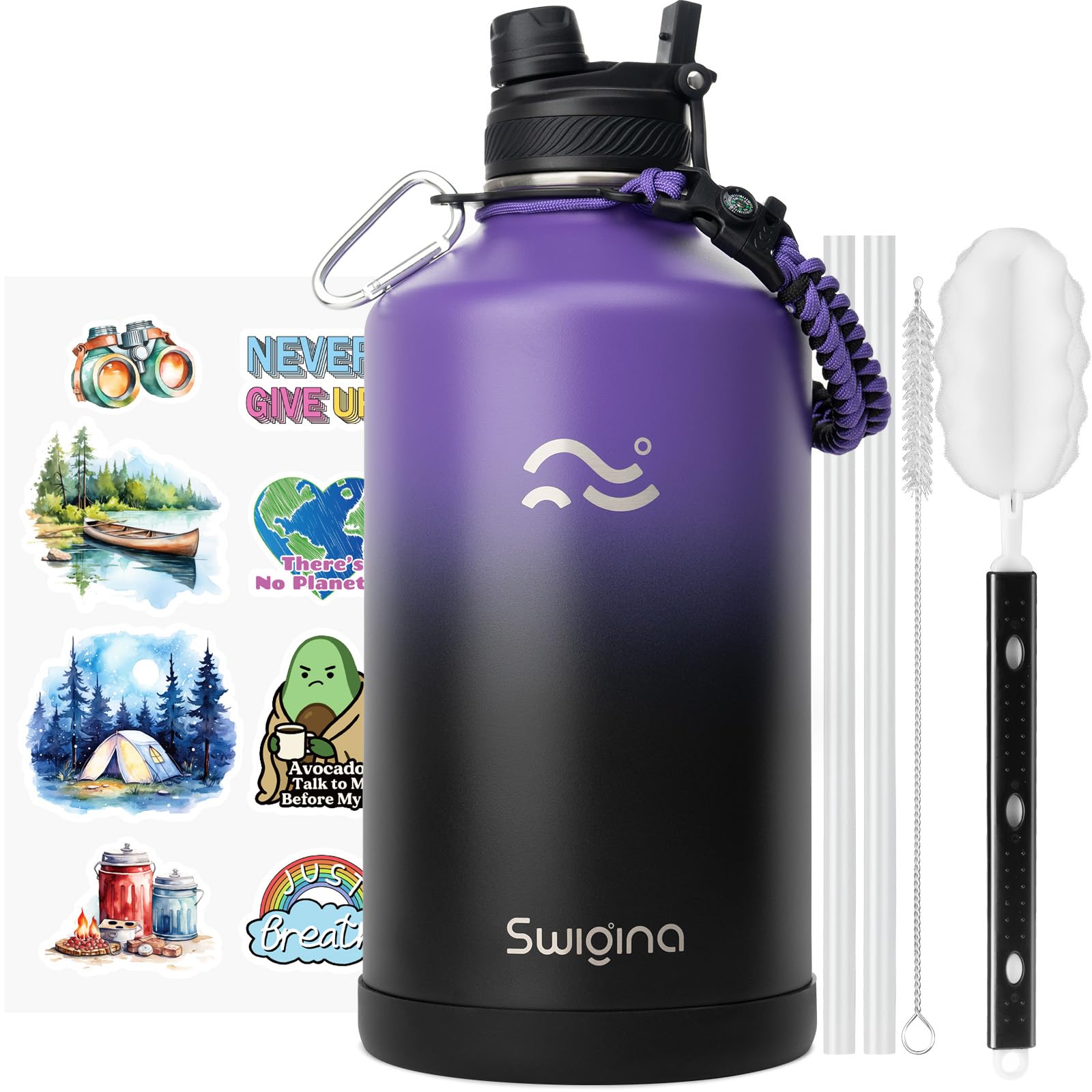 [2-IN-1 LID] Insulated Water Bottle with Silicone Boot (36hrs Cold/18hrs Hot) - DIY Stickers, Leakproof, BPA Free, 24 oz