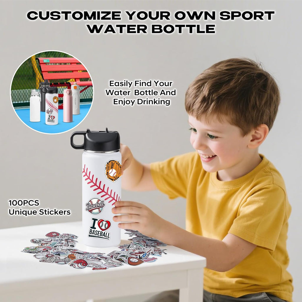 Baseball Water Bottles for Boys 18 oz and 100 PCS Baseballs Stickers Sports Insulated Stainless Steel Water Bottle Baseball Accessories Stuff Gear Gifts For 8-12 12-14 Player