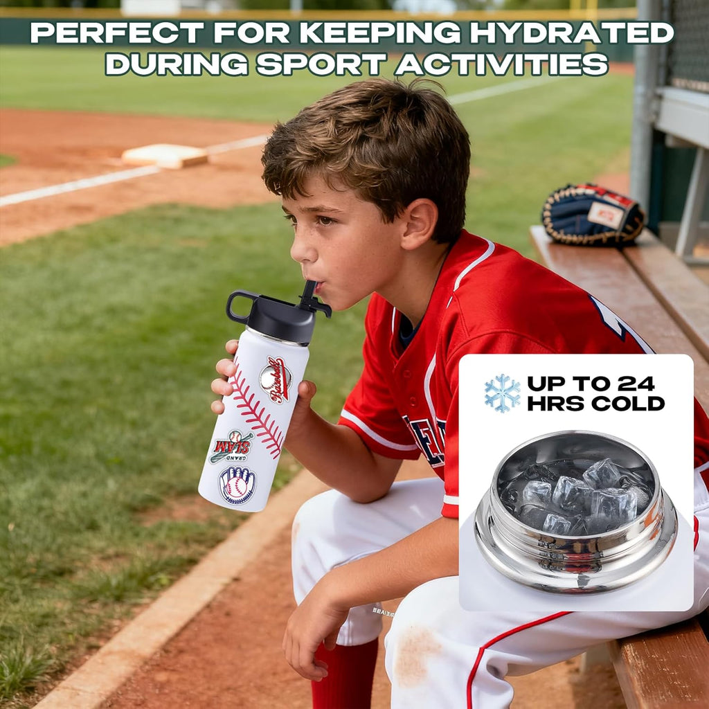 Baseball Water Bottles for Boys 18 oz and 100 PCS Baseballs Stickers Sports Insulated Stainless Steel Water Bottle Baseball Accessories Stuff Gear Gifts For 8-12 12-14 Player