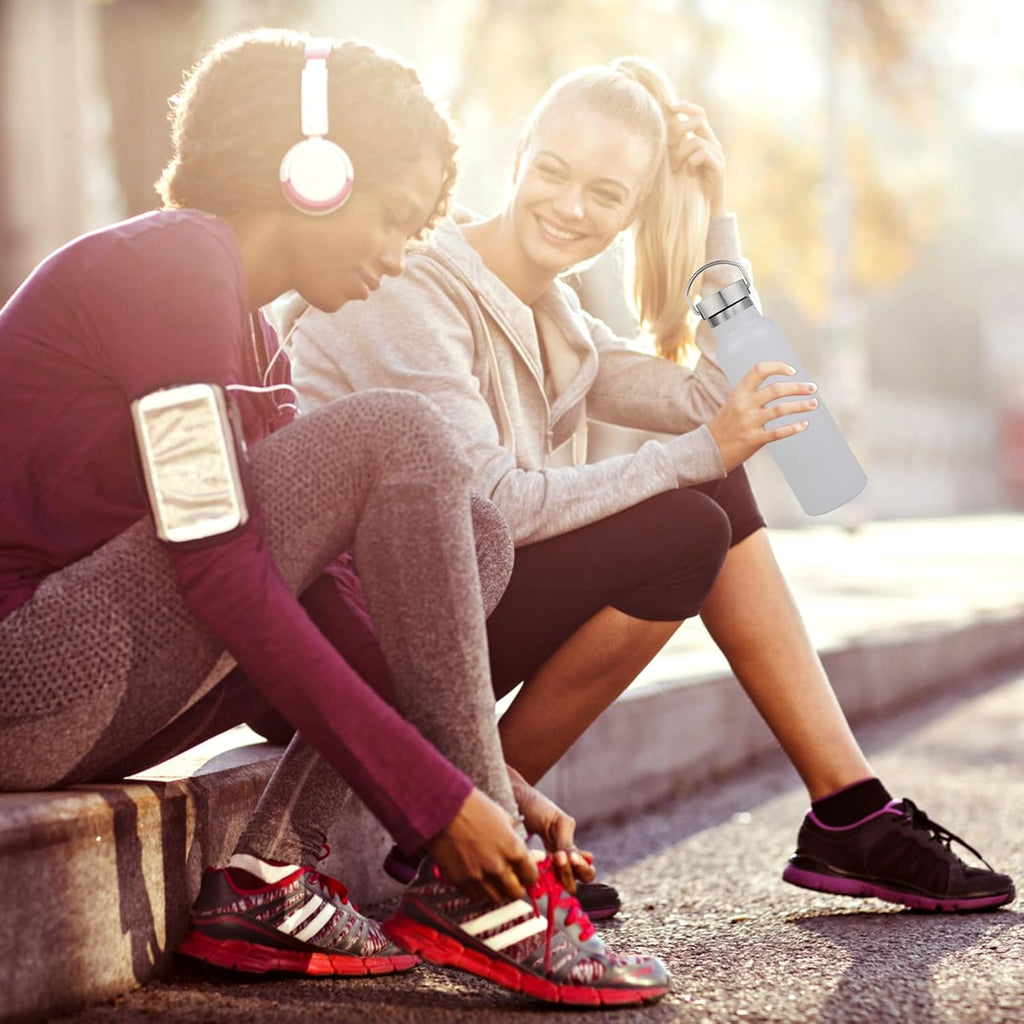 Volhoply 24oz Insulated Standard Mouth Water Bottle with Plastic & Stainless Steel Combination Lid, 304 18/8 Double Wall Vacuum Insulated Water Bottles, Reusable Metal Flask(White,1)