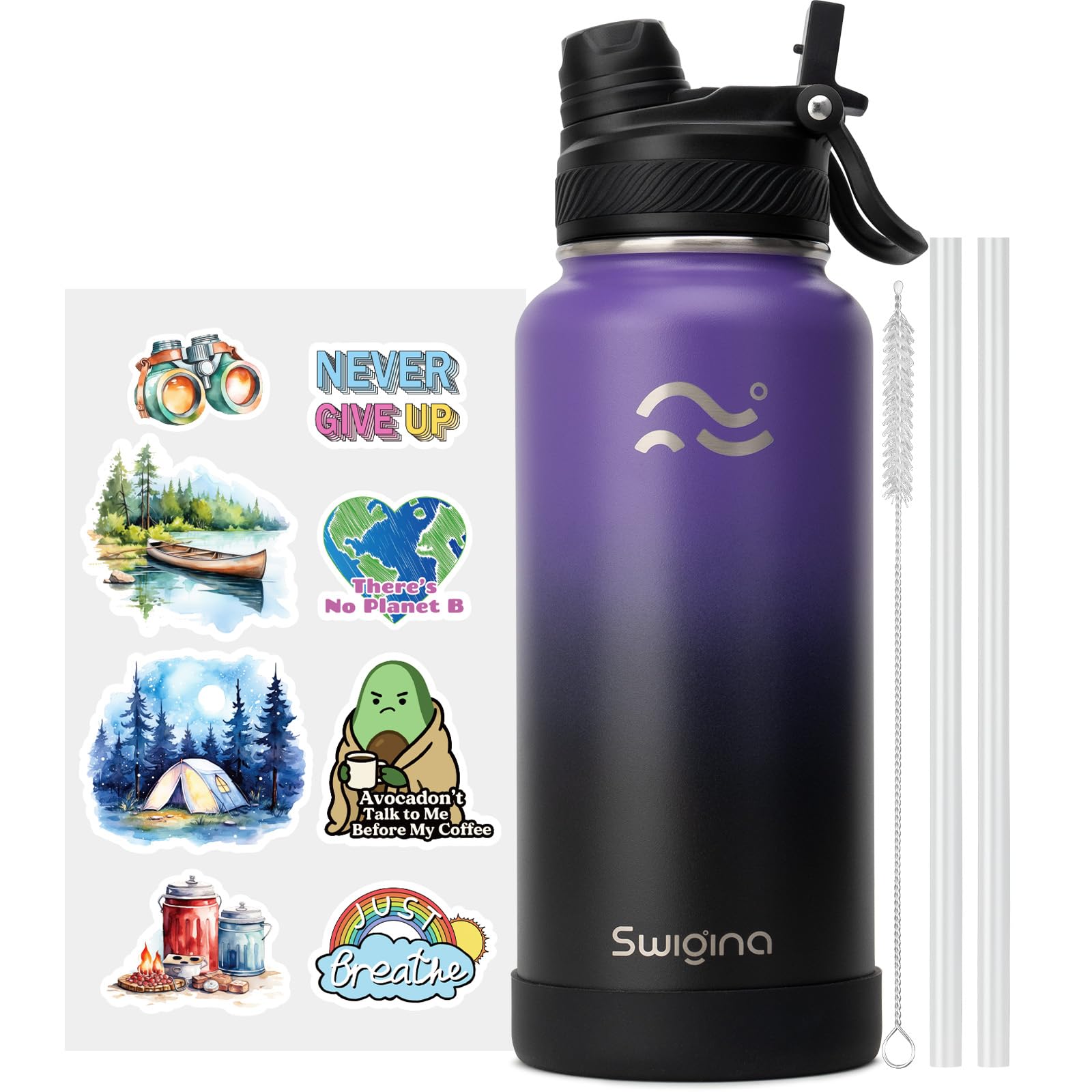[2-IN-1 LID] Insulated Water Bottle with Silicone Boot (36hrs Cold/18hrs Hot) - DIY Stickers, Leakproof, BPA Free, 24 oz