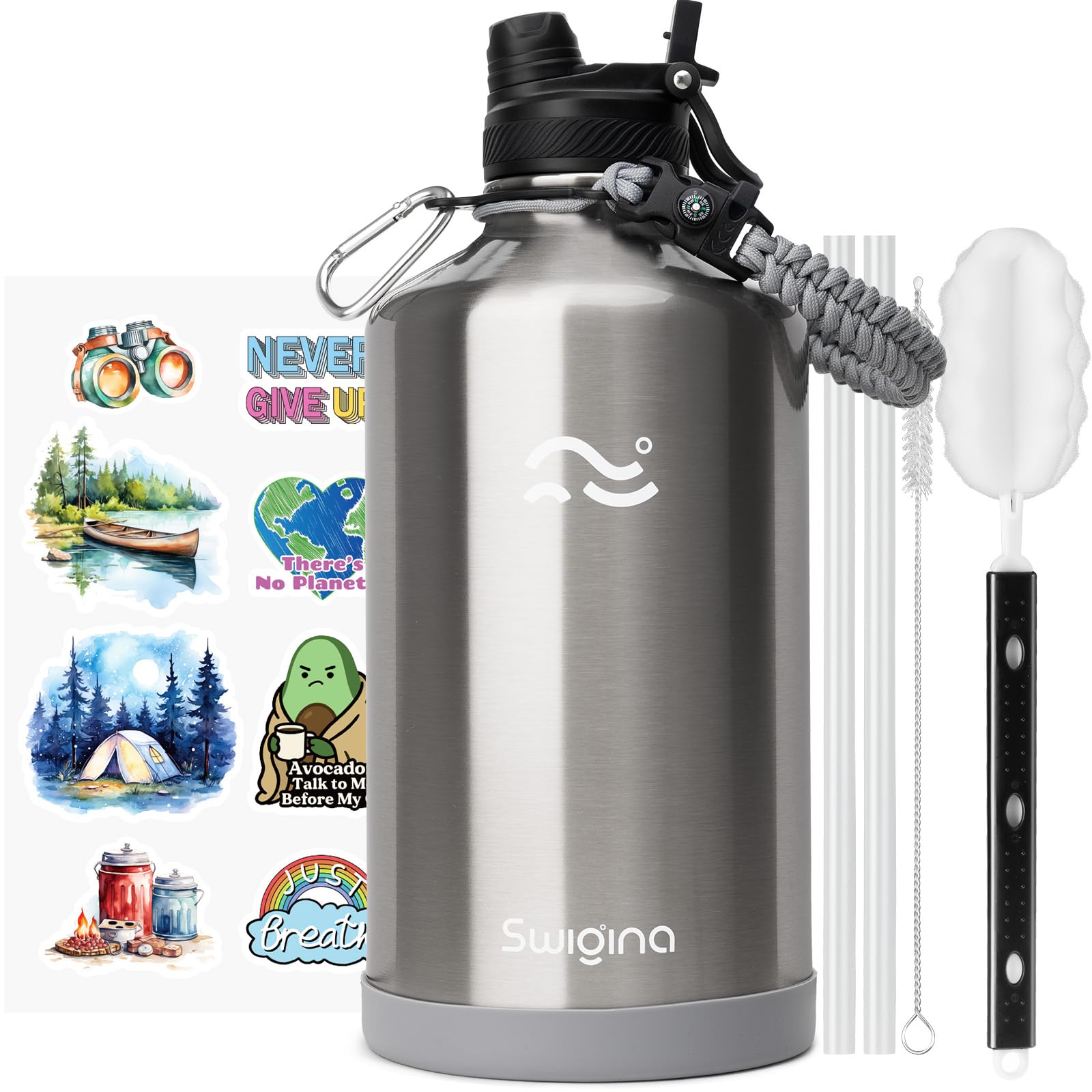 [2-IN-1 LID] Insulated Water Bottle with Silicone Boot (36hrs Cold/18hrs Hot) - DIY Stickers, Leakproof, BPA Free, 24 oz