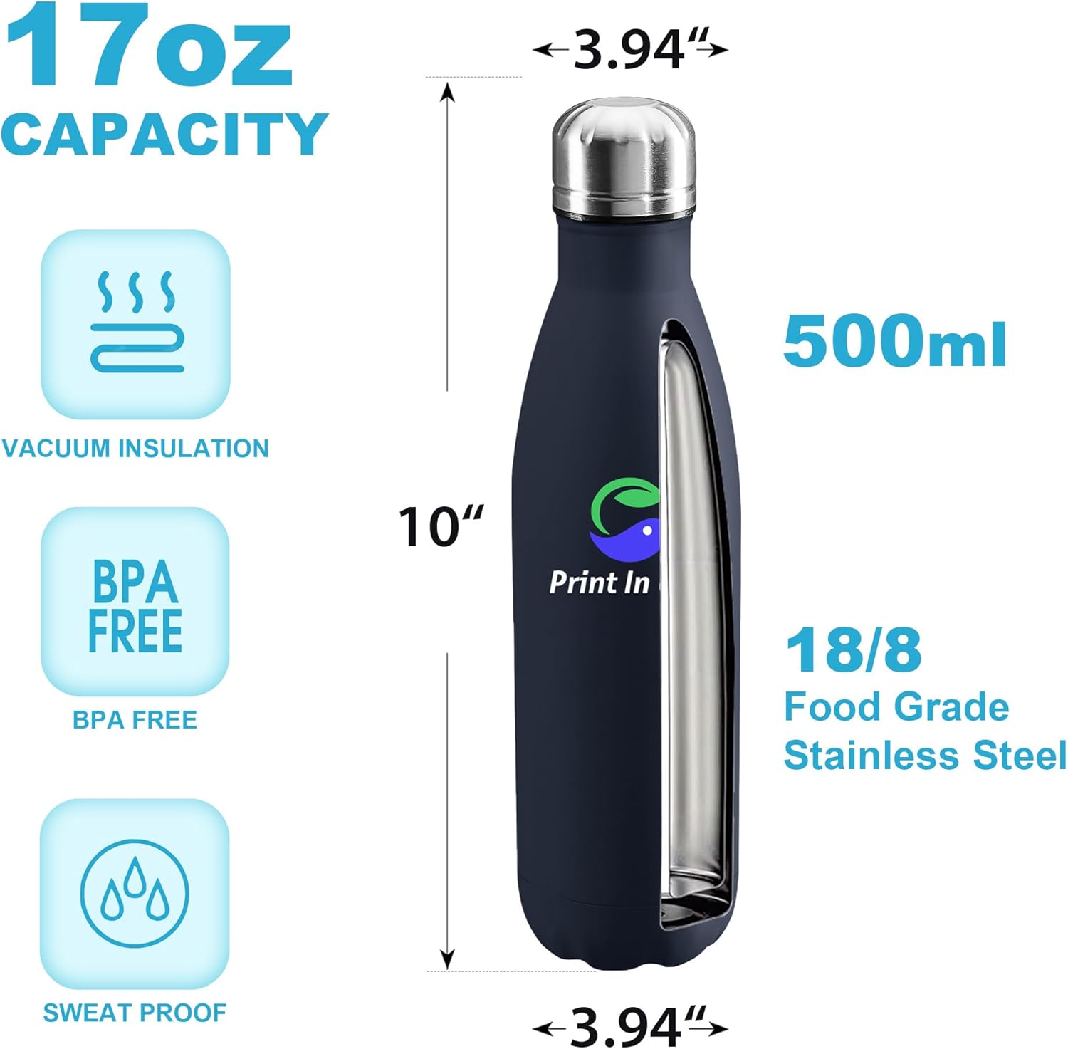 Personalized Custom Print in USA Water Bottles 10Pcs 17oz Stainless Steel Double Wall Insulated Leakproof Cups for Sports Outdoors With Colorful Text Logo