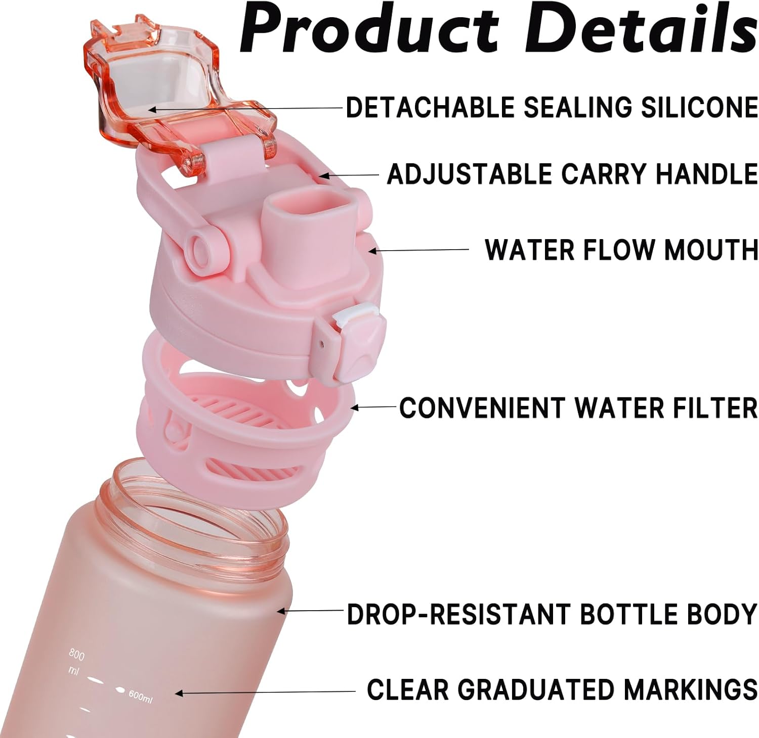 27oz Sports Water Bottle with Removable Filter, Motivational Water Bottle with Capacity Marker, Leakproof Drinking Water Bottle with Handle for Travel Fitness Gym Outdoor (Pink)