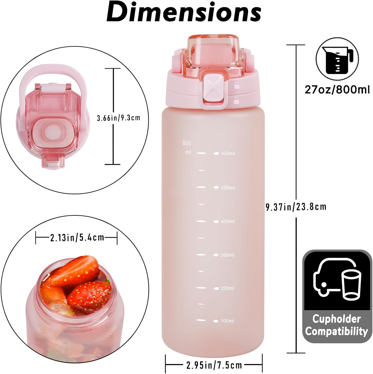 27oz Sports Water Bottle with Removable Filter, Motivational Water Bottle with Capacity Marker, Leakproof Drinking Water Bottle with Handle for Travel Fitness Gym Outdoor (Pink)