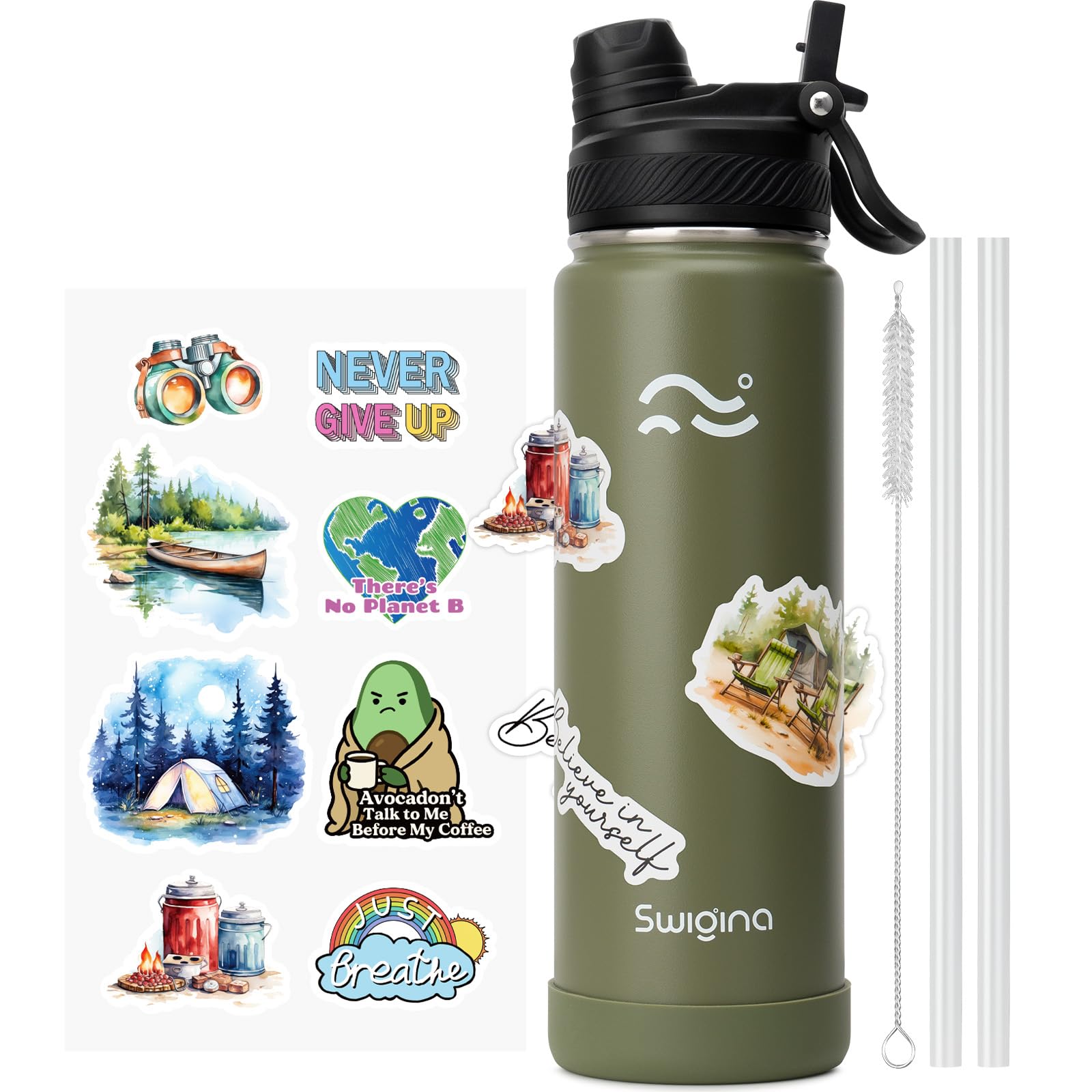 [2-IN-1 LID] Insulated Water Bottle with Silicone Boot (36hrs Cold/18hrs Hot) - DIY Stickers, Leakproof, BPA Free, 24 oz