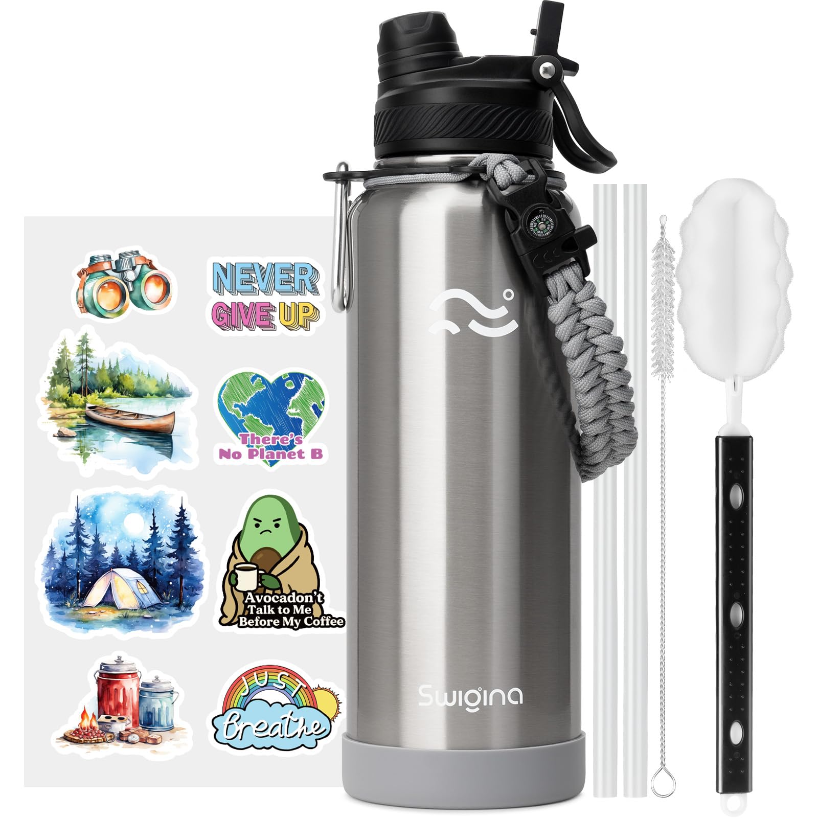 [2-IN-1 LID] Insulated Water Bottle with Silicone Boot (36hrs Cold/18hrs Hot) - DIY Stickers, Leakproof, BPA Free, 24 oz