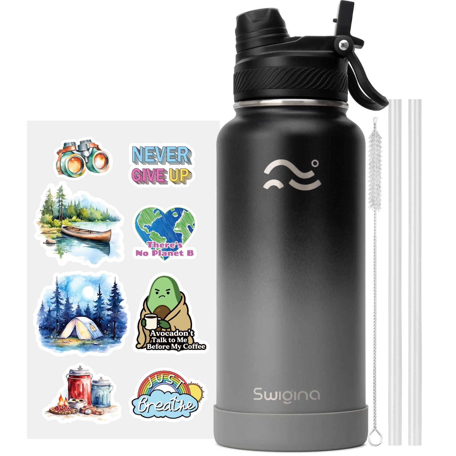 [2-IN-1 LID] Insulated Water Bottle with Silicone Boot (36hrs Cold/18hrs Hot) - DIY Stickers, Leakproof, BPA Free, 24 oz