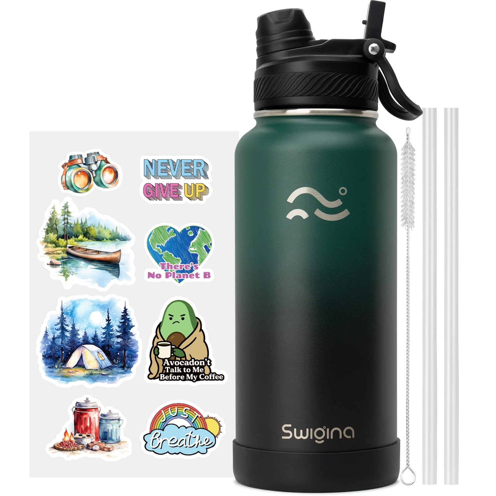 [2-IN-1 LID] Insulated Water Bottle with Silicone Boot (36hrs Cold/18hrs Hot) - DIY Stickers, Leakproof, BPA Free, 24 oz