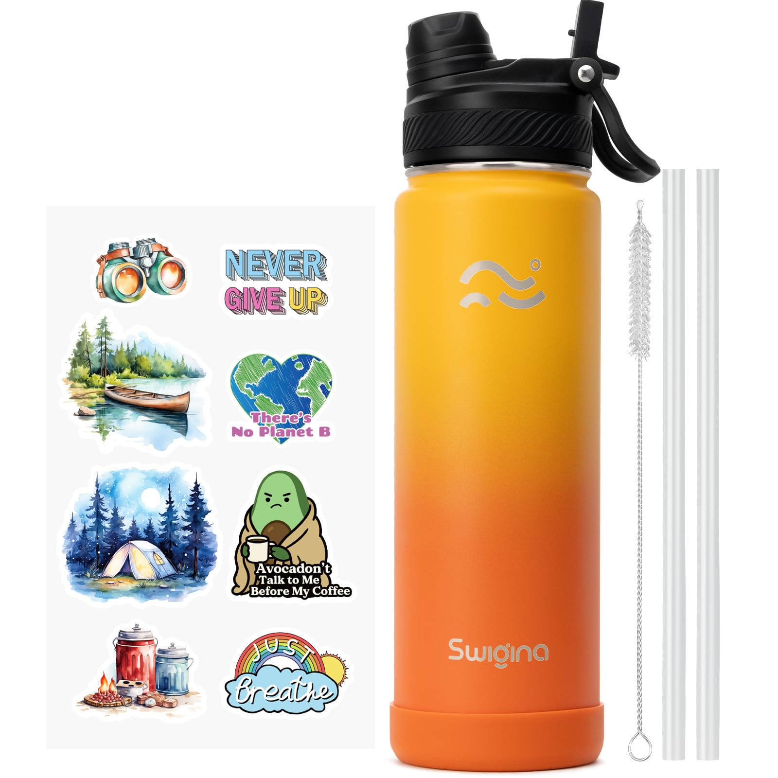 [2-IN-1 LID] Insulated Water Bottle with Silicone Boot (36hrs Cold/18hrs Hot) - DIY Stickers, Leakproof, BPA Free, 24 oz