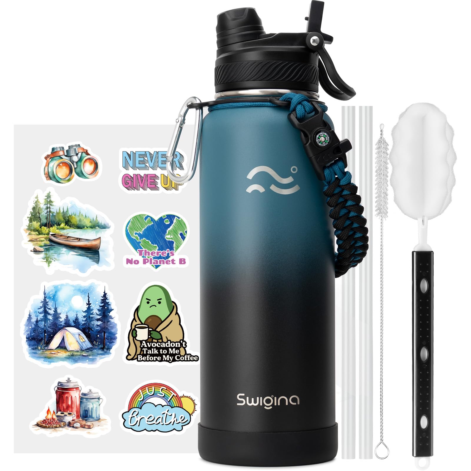 [2-IN-1 LID] Insulated Water Bottle with Silicone Boot (36hrs Cold/18hrs Hot) - DIY Stickers, Leakproof, BPA Free, 24 oz