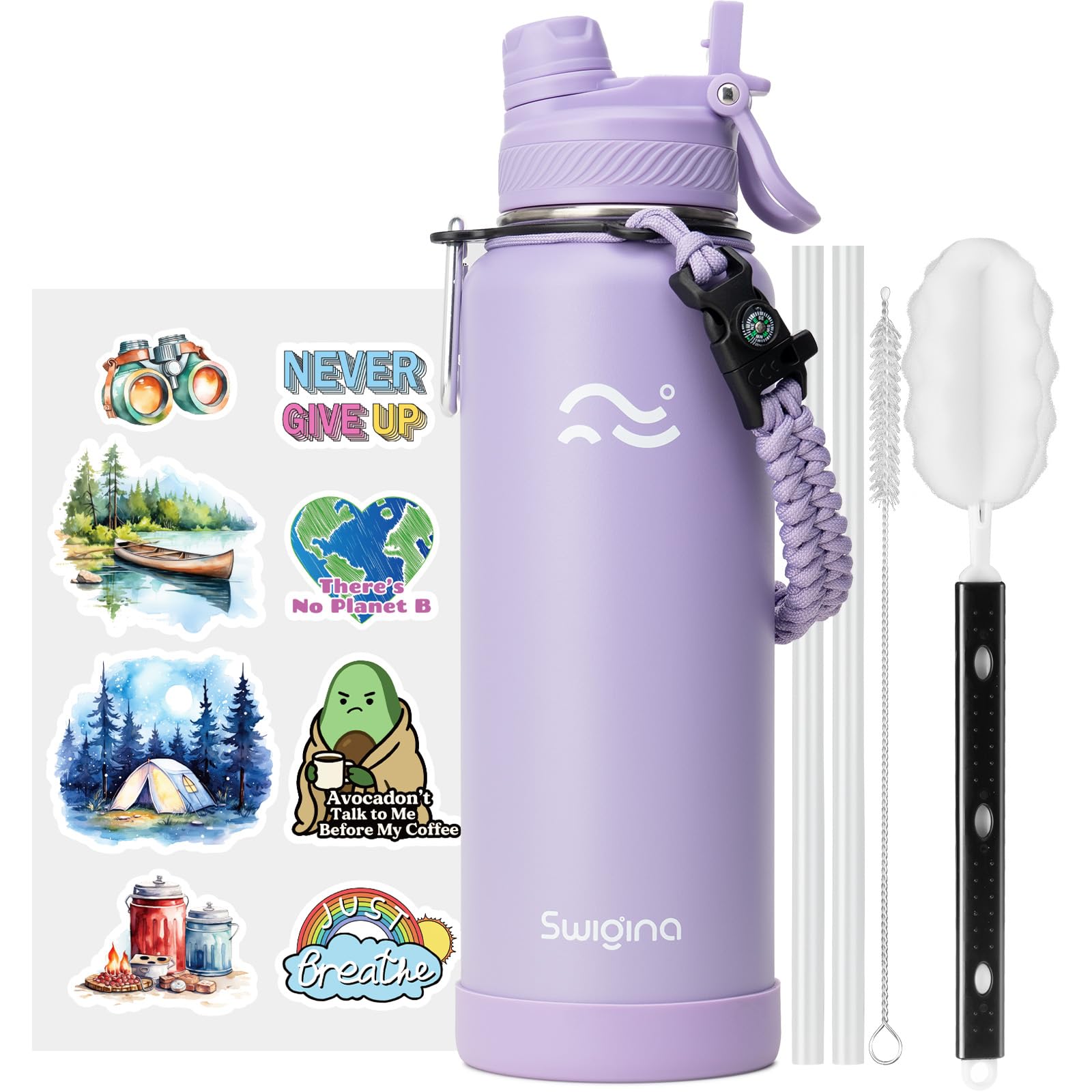 [2-IN-1 LID] Insulated Water Bottle with Silicone Boot (36hrs Cold/18hrs Hot) - DIY Stickers, Leakproof, BPA Free, 24 oz