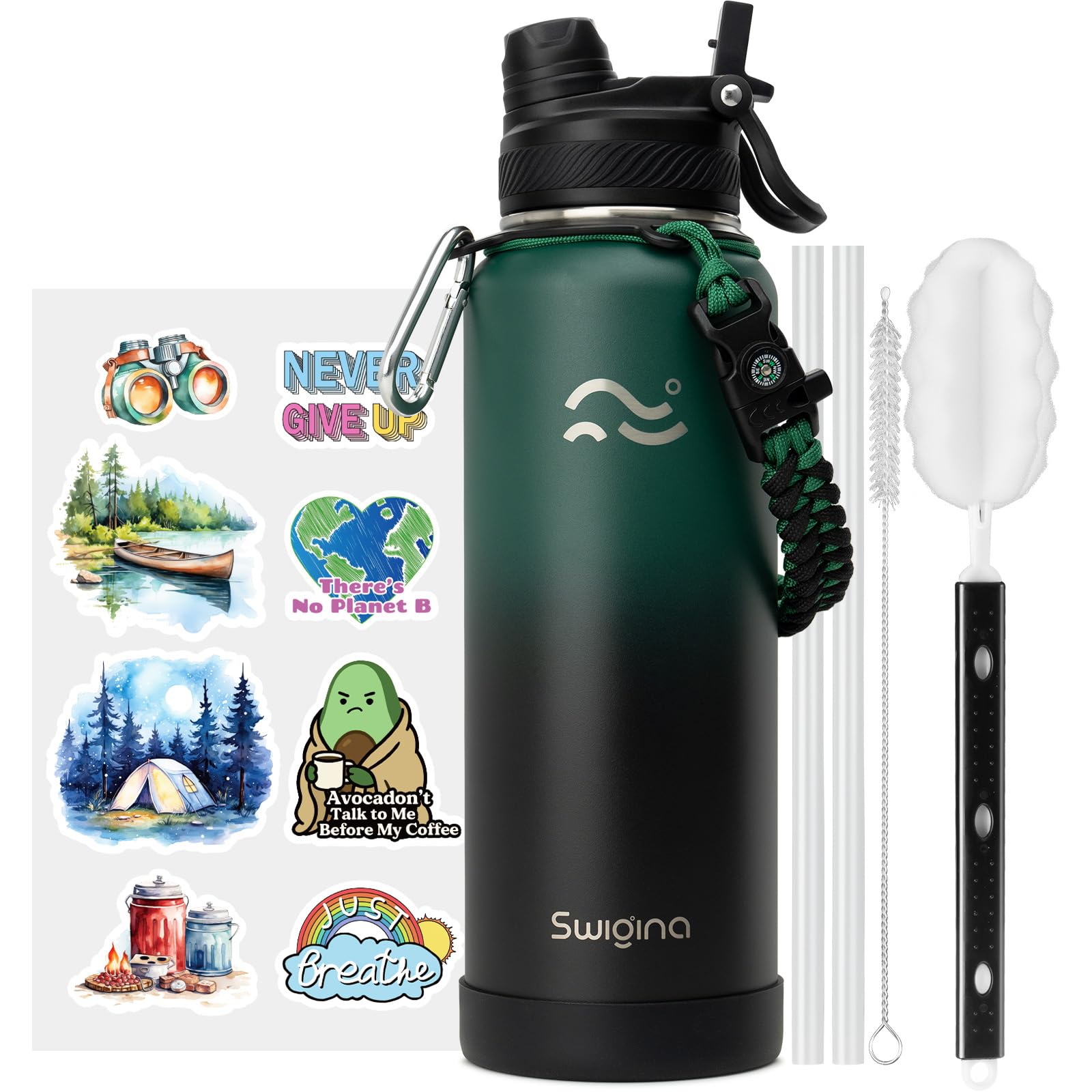 [2-IN-1 LID] Insulated Water Bottle with Silicone Boot (36hrs Cold/18hrs Hot) - DIY Stickers, Leakproof, BPA Free, 24 oz