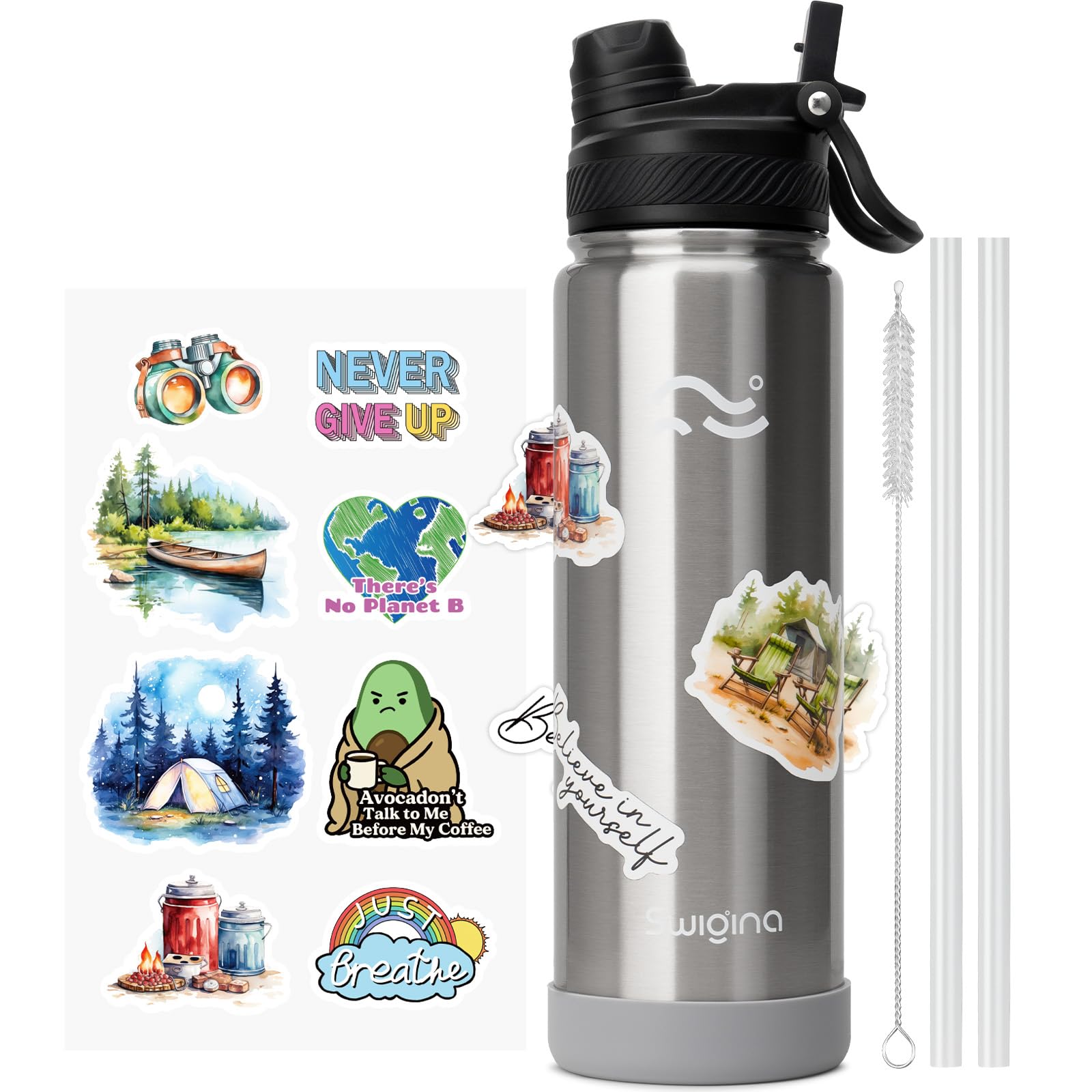 [2-IN-1 LID] Insulated Water Bottle with Silicone Boot (36hrs Cold/18hrs Hot) - DIY Stickers, Leakproof, BPA Free, 24 oz