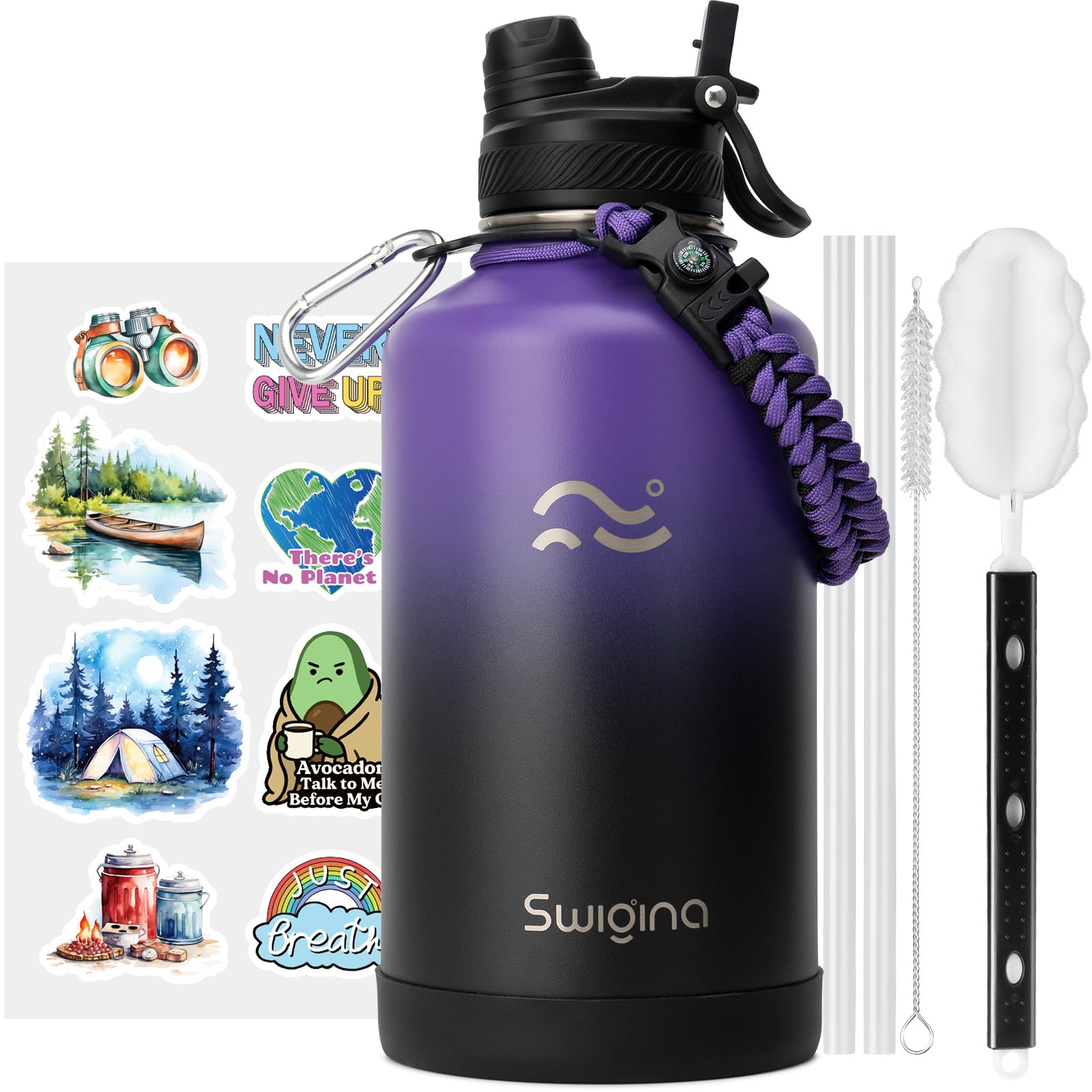 [2-IN-1 LID] Insulated Water Bottle with Silicone Boot (36hrs Cold/18hrs Hot) - DIY Stickers, Leakproof, BPA Free, 24 oz