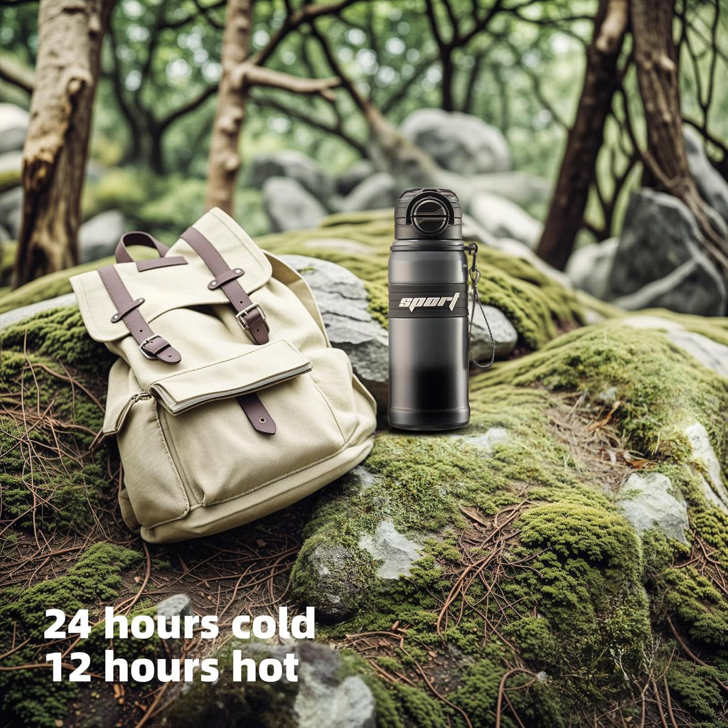 22 oz Insulated Water Bottle, Mens Water Bottle with 2-in-1 Lid, Travel Water Bottle, Black Water Bottle, Slim Water Bottle, Leak Proof Water Bottles, Car Cup Holder Friendly (Black)