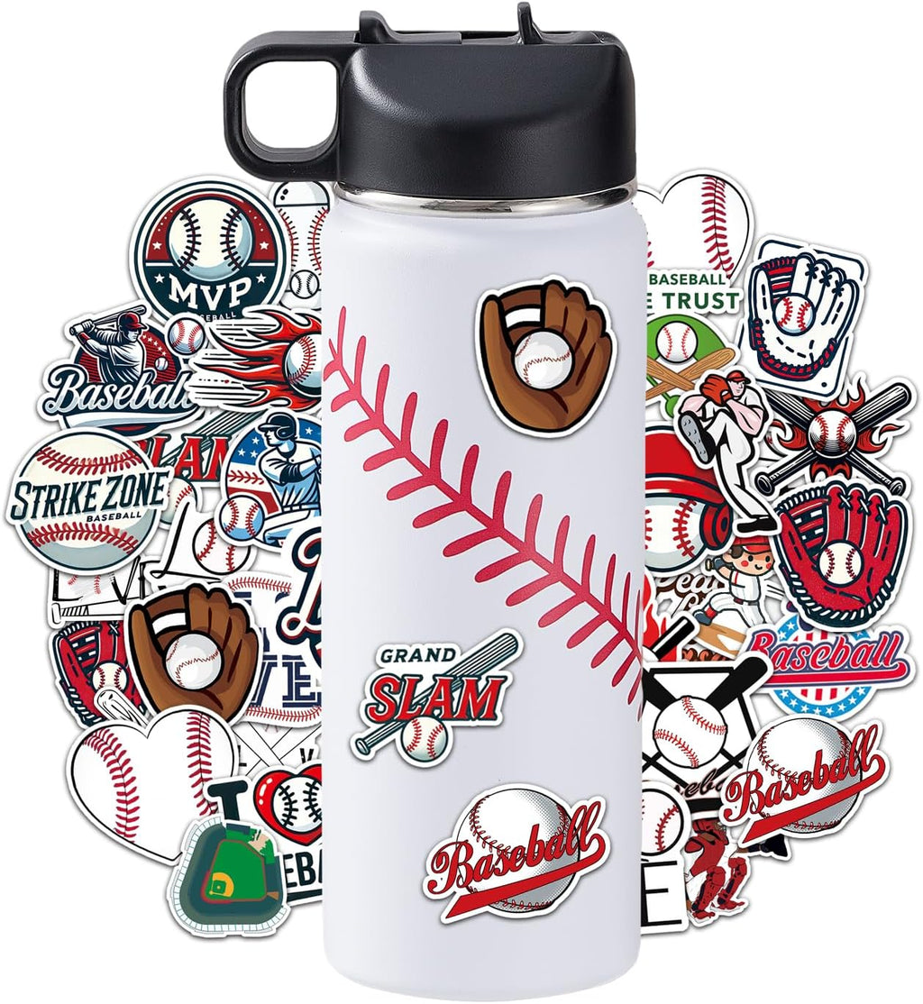 Baseball Water Bottles for Boys 18 oz and 100 PCS Baseballs Stickers Sports Insulated Stainless Steel Water Bottle Baseball Accessories Stuff Gear Gifts For 8-12 12-14 Player