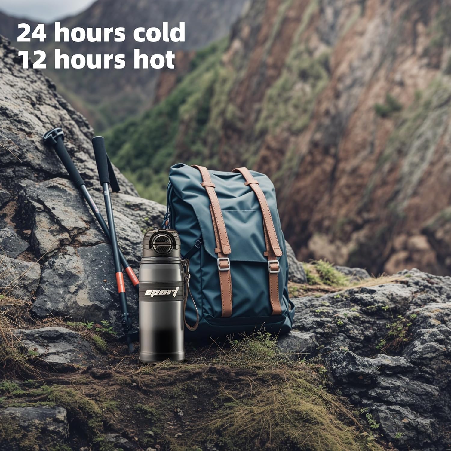 22 oz Insulated Water Bottle, Mens Water Bottle with 2-in-1 Lid, Travel Water Bottle, Black Water Bottle, Slim Water Bottle, Leak Proof Water Bottles, Car Cup Holder Friendly (Black)