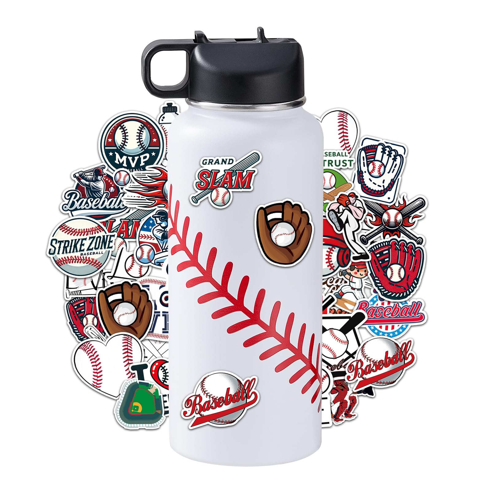 Baseball Water Bottles for Boys 18 oz and 100 PCS Baseballs Stickers Sports Insulated Stainless Steel Water Bottle Baseball Accessories Stuff Gear Gifts For 8-12 12-14 Player